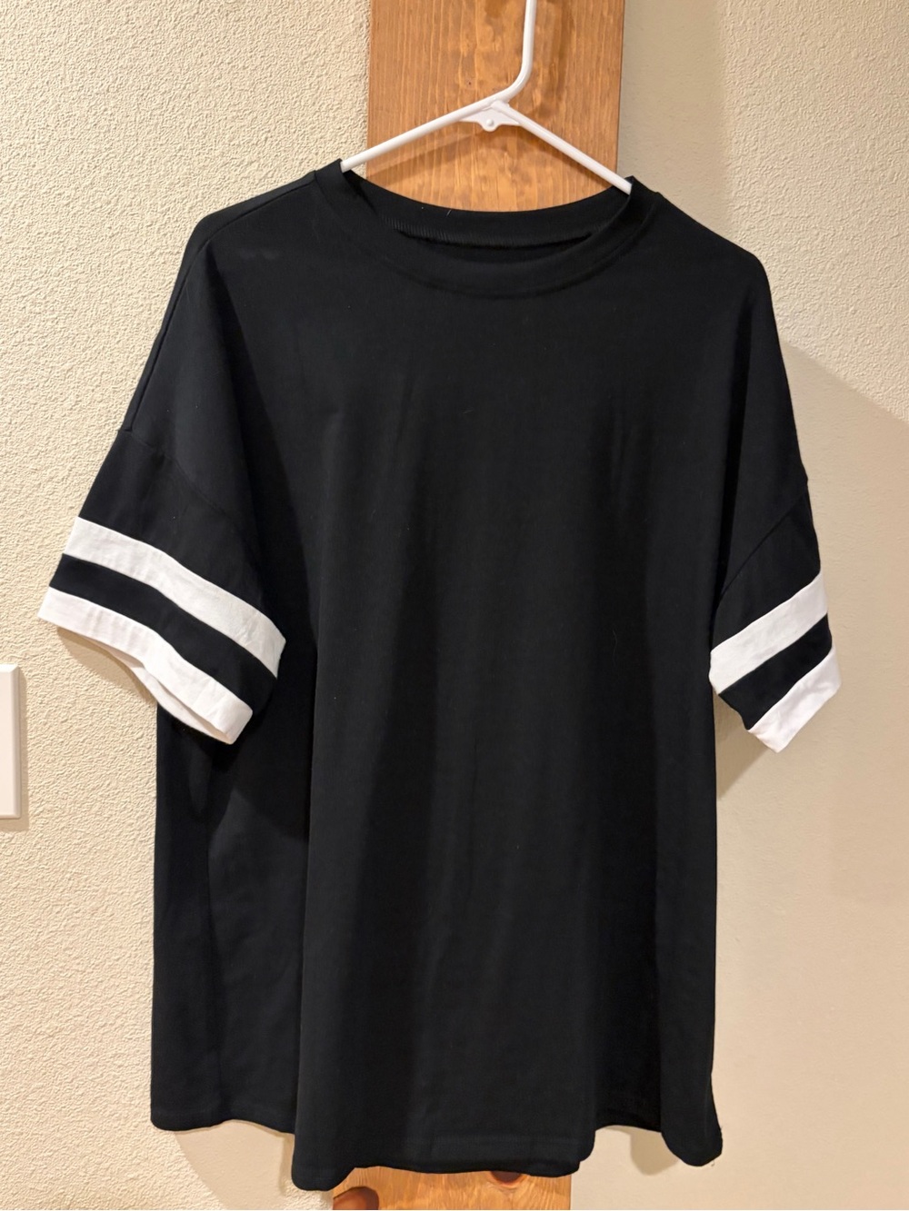 Black Short Sleeve Crewneck Shirt with White Sleeve Stripes